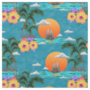 Tissu Coucher de soleil sur Hawaii Island Beach sur Blue