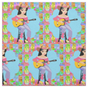 Tissu Country Western Chanter Cowgirl Avec Guitare