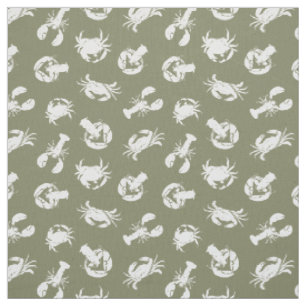 Tissu Crabe et homard Khaki Motif vert et blanc