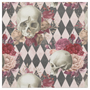 Tissu Crânes blanches florales et À damiers rose pâle