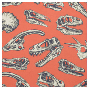 Tissu Crânes de dinosaures orange et marine
