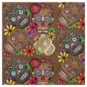 Tissu Crânes de sucre mexicains à fleurs