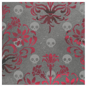 Tissu Crânes et Damas rouges sur gris