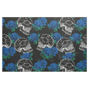 Tissu Crânes et Roses bleus   Cool Funky Dark Grunge
