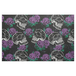 Tissu Crânes et Roses pourpres   Brillant gothique foncé
