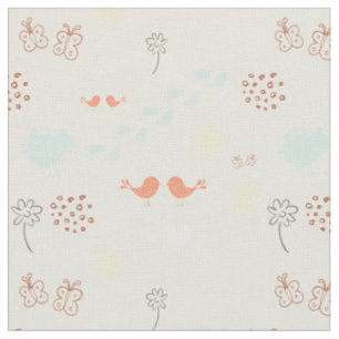 Tissu Crème rétro coloré motif d'oiseaux, points, pieds