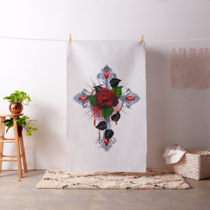 Tissu Croix d'argent avec une rose rouge