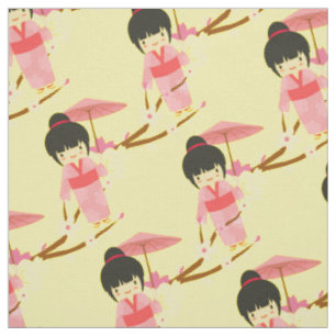 Tissu Cuisine japonaise rose cerise en fleurs Geisha