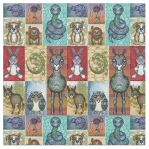 Tissu Cute Animal Collage Folk Art Design