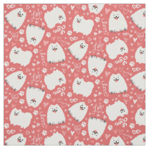 Tissu Cute Blanc Poméraniens Motif avec Coeurs Rose