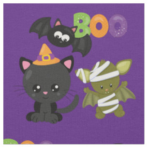Tissu Cute Halloween Chat, chauve-souris et maman Boo