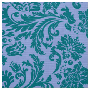 Tissu Damas florales bleu Poudre et bleu-vert
