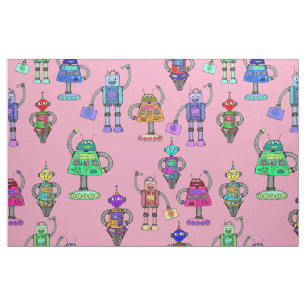 Tissu De mignons robots colorés sur arrière - plan rose
