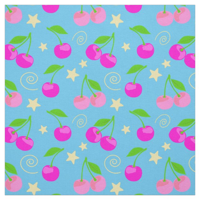 Tissu Decora Kei Motif Cerise Mignon sur Fond Bleu (Échantillon)