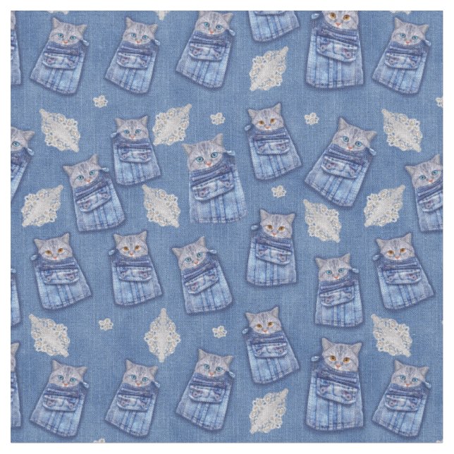 Tissu Denim texturé Kitten Fun Seamless Repeats (Fermer)