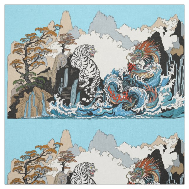 Tissu Dragon d'azur et Tigre blanc. Illustration (Échantillon)