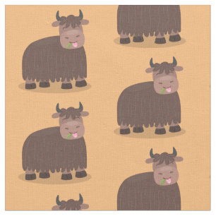 Tissu Drôle joyeux yak mangeant de l'herbe dessin d'illu