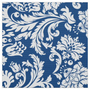 Tissu Elégant blanc et bleu marine Damas floraux