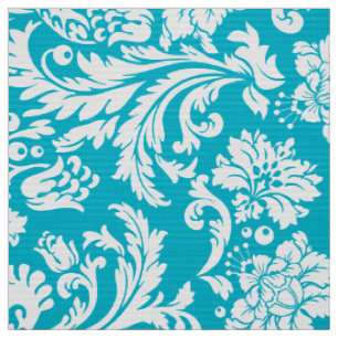 Tissu Elégant blanc & turquoise Damas florales