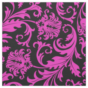 Tissu Élégant noir et rose chaud Damas floraux