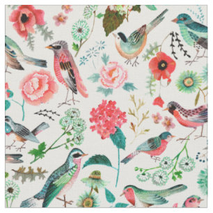 Tissu Élégant rose en vert motif Fleurs Motif d'oiseaux