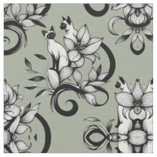 Tissu Elegant Siamese Cats Floral Vintage Illustration