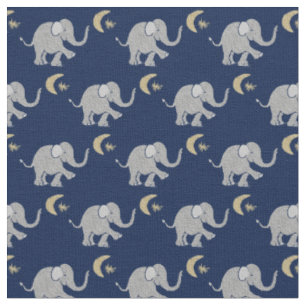 Tissu Eléphant gris mou avec lune et étoile en bleu