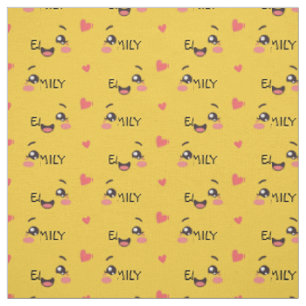 Tissu en coton jaune avec visage mignon Kawaii et 