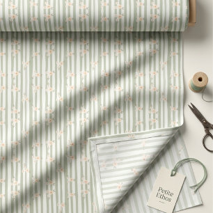 Tissu en coton peigné fleuri mini rayure sage