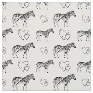 Tissu en coton rayé noir et blanc zèbres et coeurs