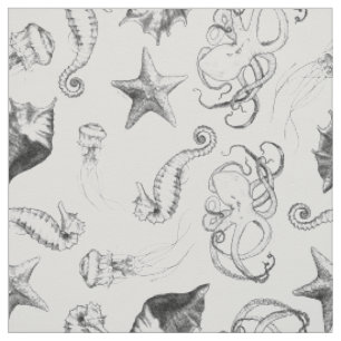 Tissu Encre noire et blanche de thème nautique d'océan