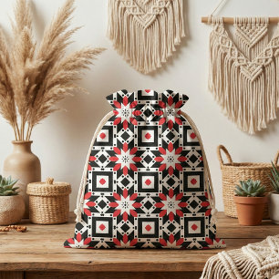 Tissu Ethnic Folho rouge noir blanc Motif géométrique