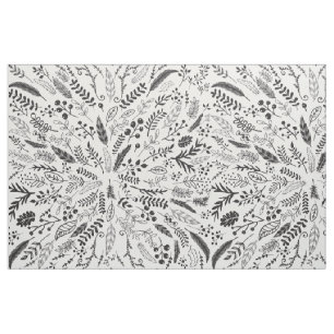 Tissu Fermes, plumes, baies et brindilles noires et blan