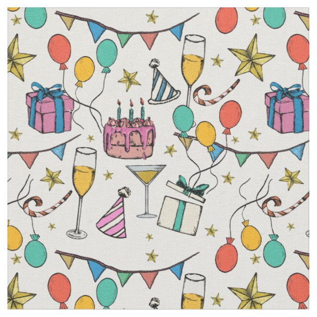 Tissu fête d'anniversaire ballons cake champagne (Fermer)