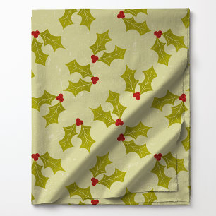 Tissu Feuilles de houx sur motif vert Noël festif