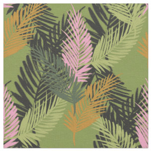 Tissu Feuilles de palmiers verts avec moutarde et rose