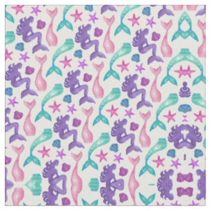 Tissu Fille Aquarelle Mermaids Contes Coquillages Motif
