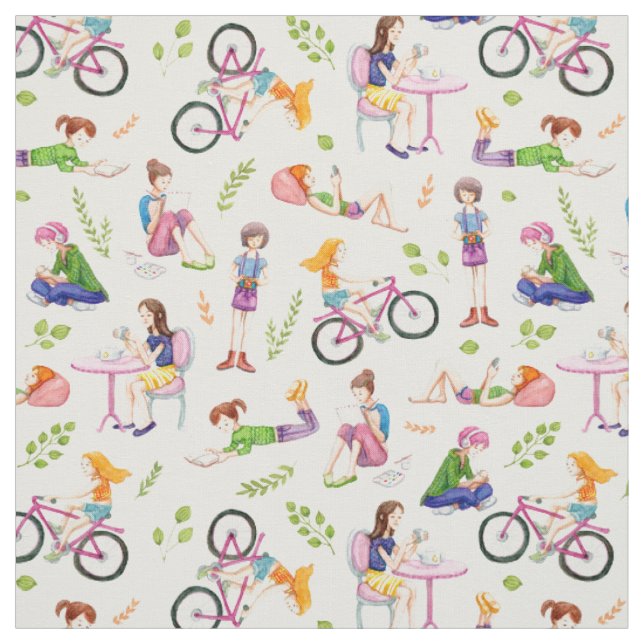 Tissu Filles occupées Motif aquarelle (Échantillon)