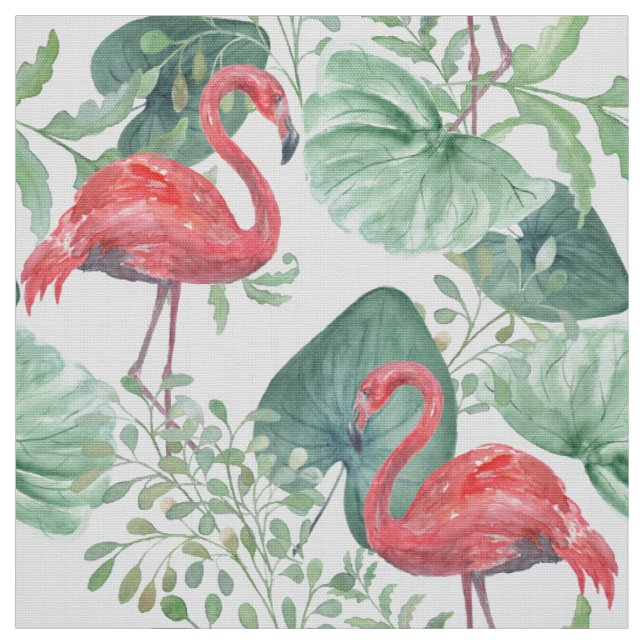 Tissu Flamants roses et feuilles à l'aquarelle. (Échantillon)