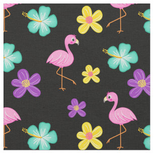 Tissu Flamants roses et fleurs roses mignons Noir