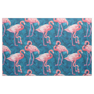 Tissu Flamants roses sur feuilles de bananes bleues