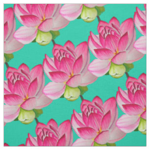 Tissu Fleur de lotus rose à l'aquarelle turquoise