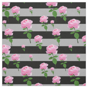 Tissu Fleur Rose Rose Sur Gris Gris Bandes Noires Motif