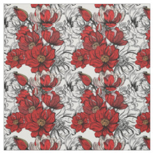 Tissu Fleur Rose rouge et noire
