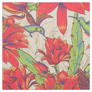 Tissu Fleur tropicale vintage de colibri et de cactus