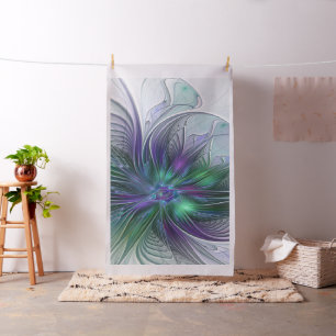 Tissu Fleur verte abstraite moderne d'art fractal violet