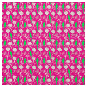 TISSU FLEURS BLANCHES ET PARROTS VERTS SUR ROSE