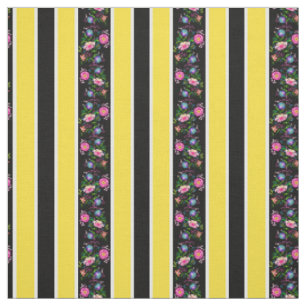 Tissu Fleurs blanches, jaune vif/folk/rayures/noires