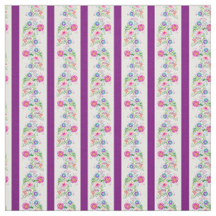 Tissu Fleurs blanches, violettes profondes/folles/rayure