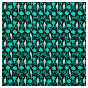 Tissu FLEURS BLEU turquoises ET PARROTS BLANCS SUR NOIR